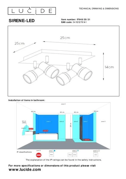 Lucide SIRENE-LED - Ceiling spotlight Bathroom - Ø 10 cm - LED Dim. - GU10 - 4x5W 3000K - IP44 - White - technical